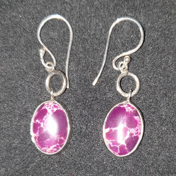 Rare Vintage Natural Purple Impression Jasper 925 Sterling Silver Dangle Earring - Picture 3 of 11